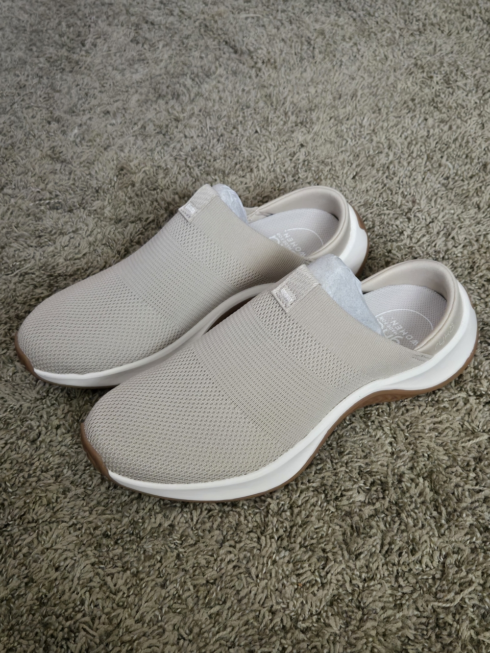 Ryka Slip-On Knit Clogs in Light Taupe and White with Brown Trim